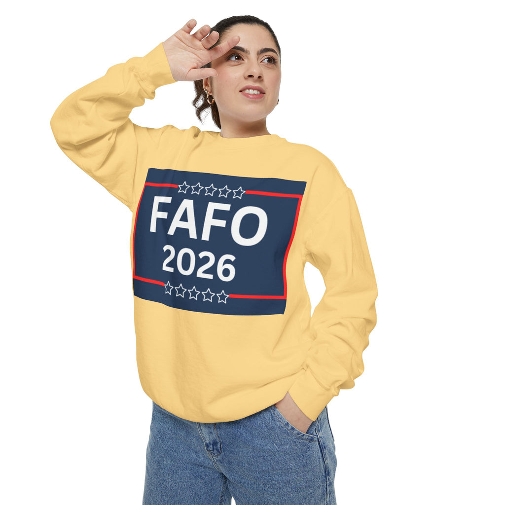 FAFO 2026 Sweatshirt — Political Parody Crewneck (Milk & Honee for America)