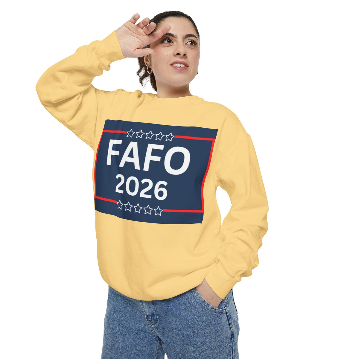 FAFO 2026 Sweatshirt — Political Parody Crewneck (Milk & Honee for America)
